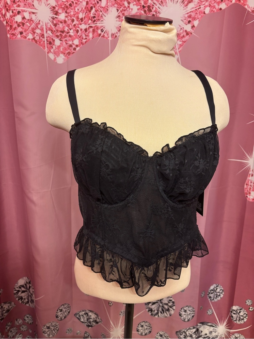 wild fable Black Lace Bustier with Ruffle Hem